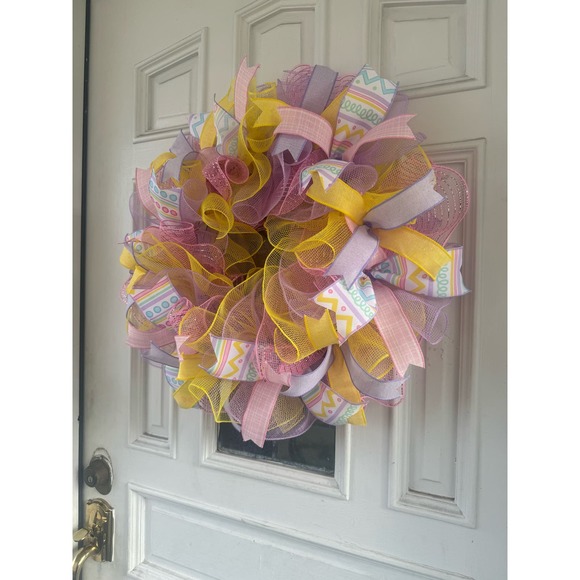 Chocolate Bunny Gnome Mesh Ribbon Easter Wreath Front Door Hanger - Picture 3 of 5